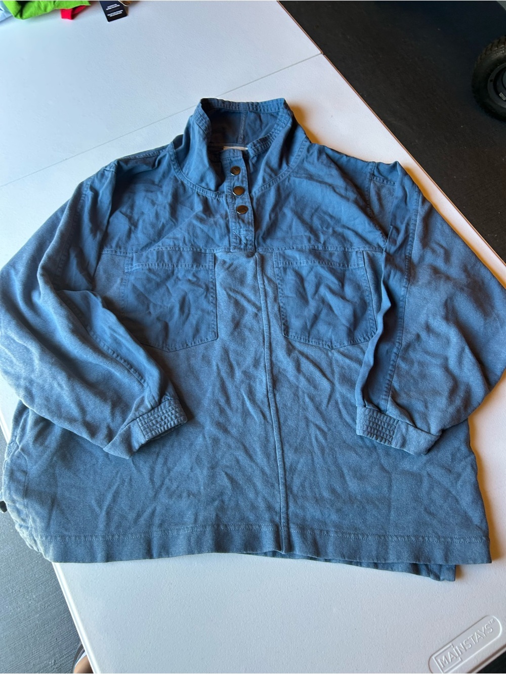 Wrap London Dusty Blue Button-Neck Tunic with Patch Pockets organic cotton - Picture 12 of 13